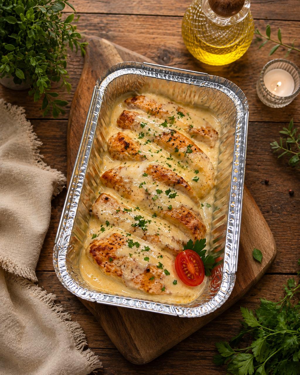 Fried chicken fillet in cream sauce